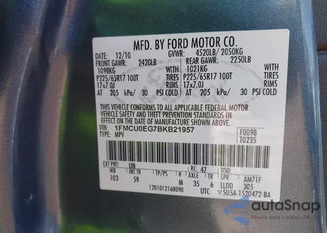 2011 Ford Escape Limited z USA, uszkodzony, nr VIN 1FMCU0EG7BKB21957